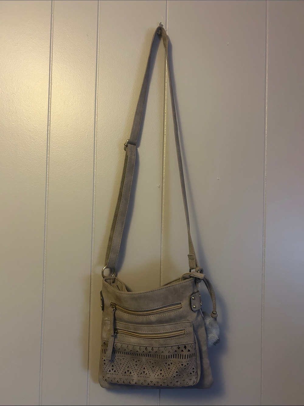 Women's Taupe/grey Crossbody Bag with Laser-Cut Detail